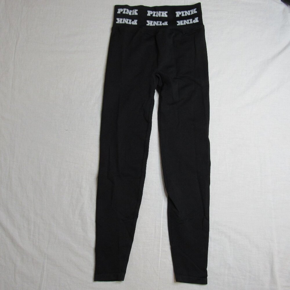 PINK Victoria's Secret Black Sport Leggings Ribbed Logo 26" Waistband Women's S